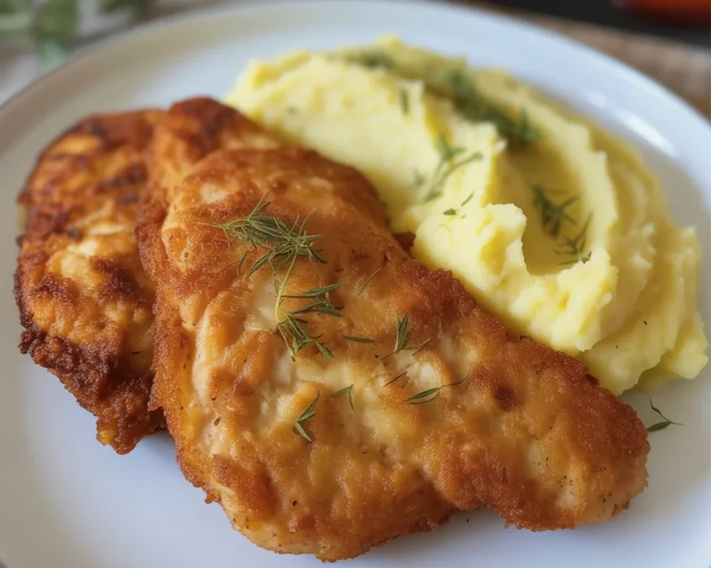 Kotlet schabowy - tradycyjny polski kotlet wieprzowy w panierce, podawany z ziemniakami.