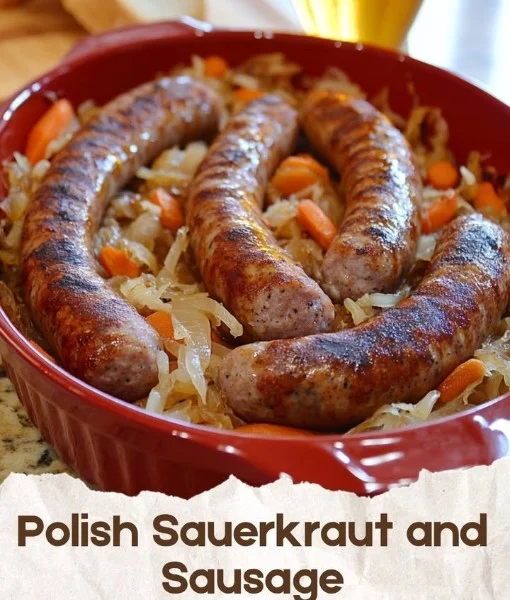 Kiełbasa zapiekana z kiszoną kapustą na talerzu