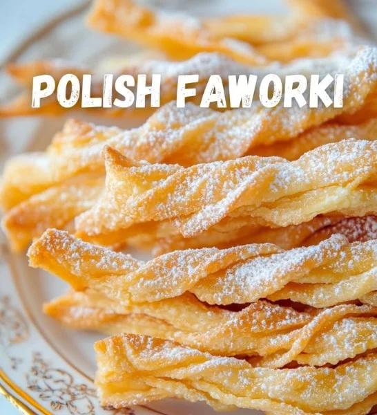 Najkruchsze polskie faworki na talerzu, posypane cukrem pudrem.