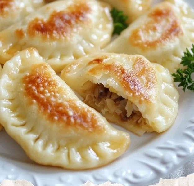 Pierogi z kapustą i grzybami na talerzu, tradycyjna potrawa kuchni polskiej.