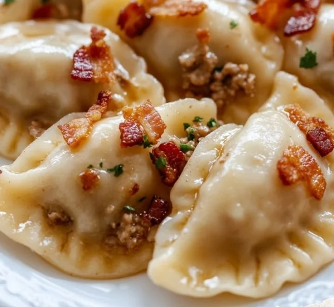 Pyszne pierogi z mięsem i bekonem na talerzu