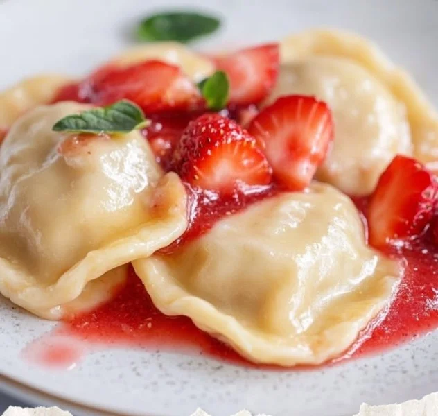 Pierogi z truskawkami na talerzu - słodka potrawa w polskiej kuchni