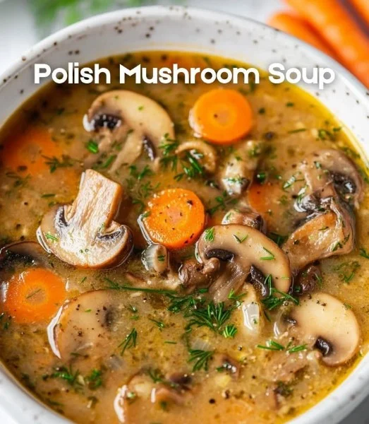 Pocieszająca polska zupa grzybowa w misce, ozdobiona świeżymi ziołami.