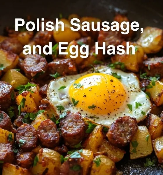 Sycąca kiełbasa z jajkami i ziemniakami na talerzu